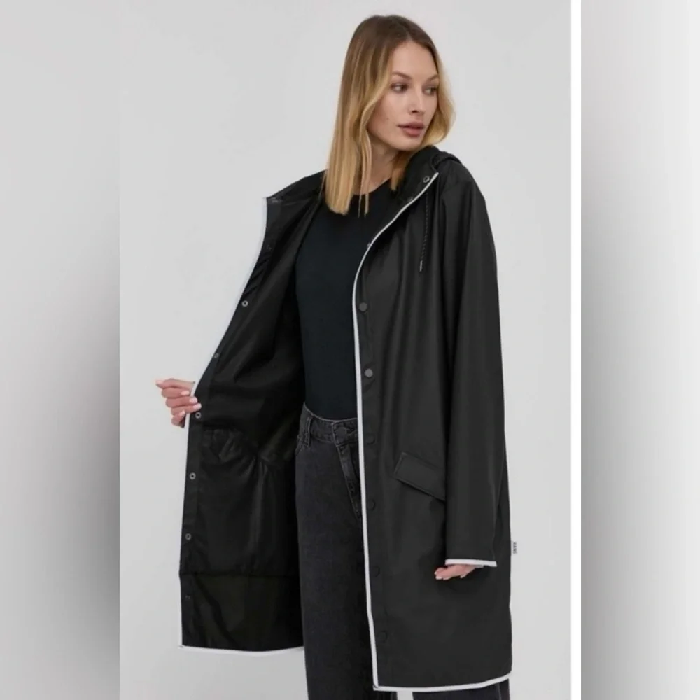 NWT RAINS Unisex Long Black Reflective Rain Jacket XS - Picture 3 of 16